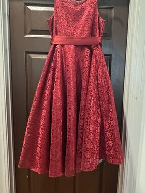 Girls' Red Lace Fit-and-Flare Dress with Satin Waistband